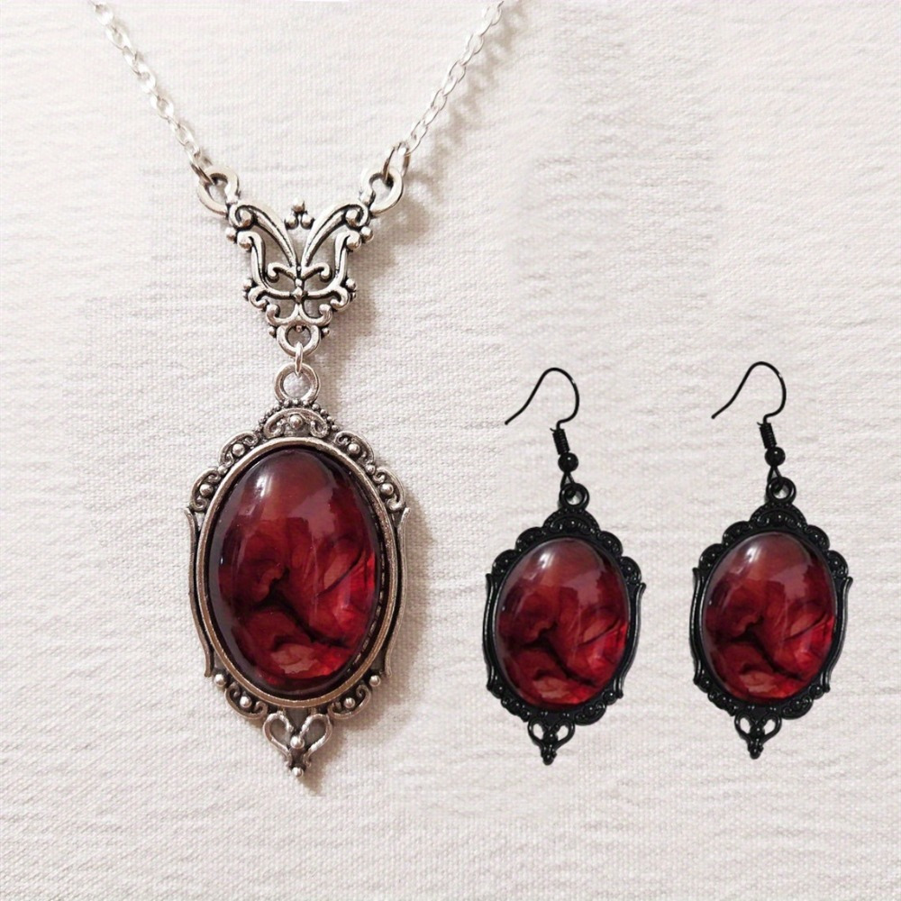 

Gothic Dark Red Pendant Necklace Dangle Hook Earrings Set, Fashion Oval Glass Pendant Jewelry Set For Women, Holiday Carnival Party Accessories