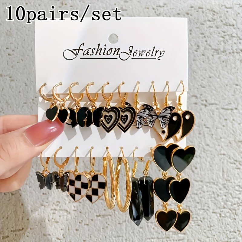 

10 Pairs Hoop Earrings Set With Enamel Heart Butterfly Natural Stone Pendant Decor Y2k Punk Style Trendy Women Gift