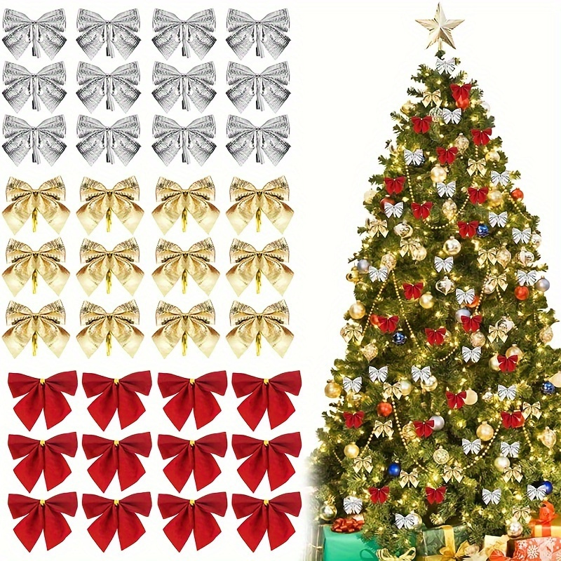 

36pcs Classic Christmas Bow Ornaments - Polyester , Tree & Wreath Decorations, No Power Needed