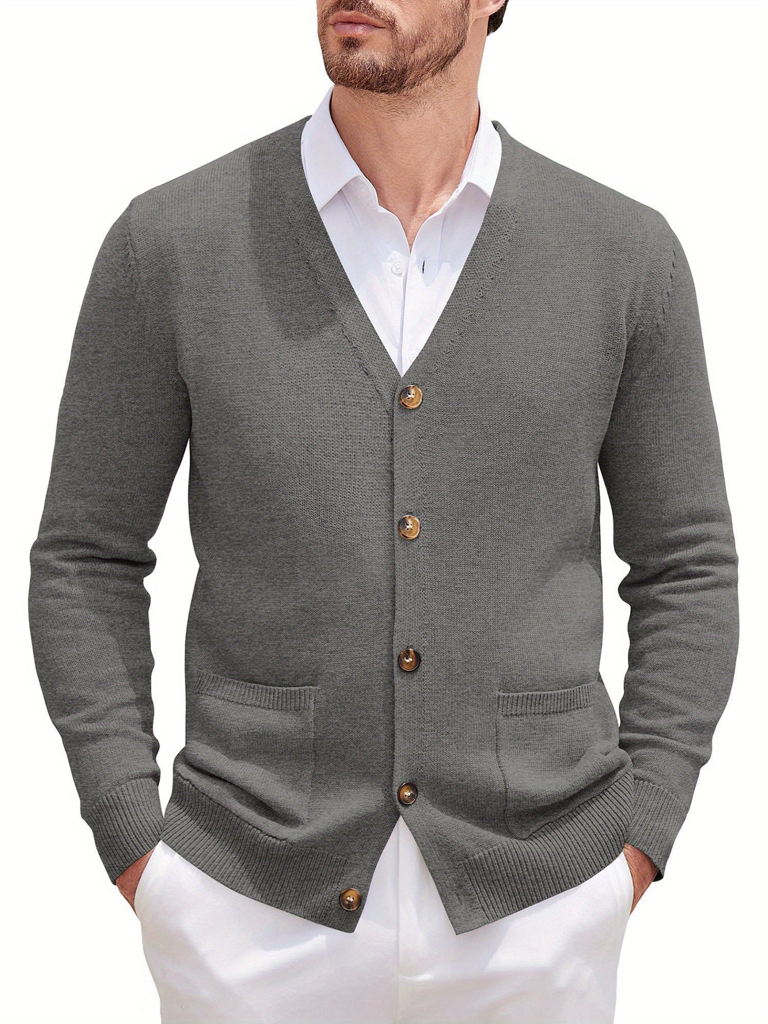 Cardigan Homme en Tricot Automne Hiver Gilet Col V Avec Poches Couleur Unie - Jaune Jaune - Prêt-à-Porter
