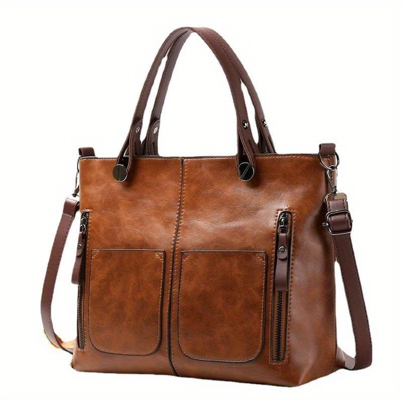 

Sac fourre-tout en cuir PU pour femmes avec design multi-poches - Sac à bandoulière de travail doublé en polyester avec fermeture à glissière pour un - Couleur unie, sac à main rétro à bandoulière