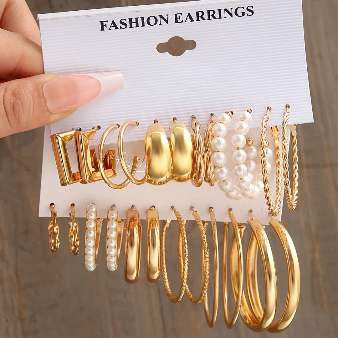 

12pairs Golden Silvery Imitation Pearl Circle Hoop Earrings Set, Zinc Alloy Jewelry Twisted Simple Vintage Style Girls Gift