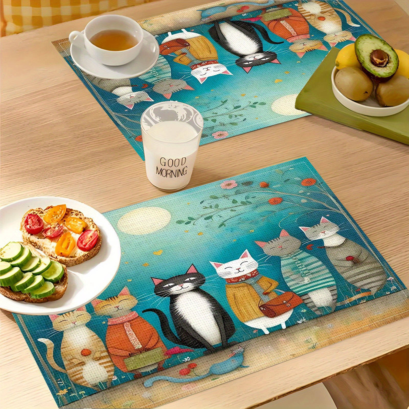 

Set Of 2/4/6 Cartoon Cat Pattern Placemats, 100% Linen Woven, Rectangular Table Mats, Dirt-resistant, Oil-proof, Hand Wash Only - Perfect For Home, Hotel, Banquet, And Holiday Table Decor