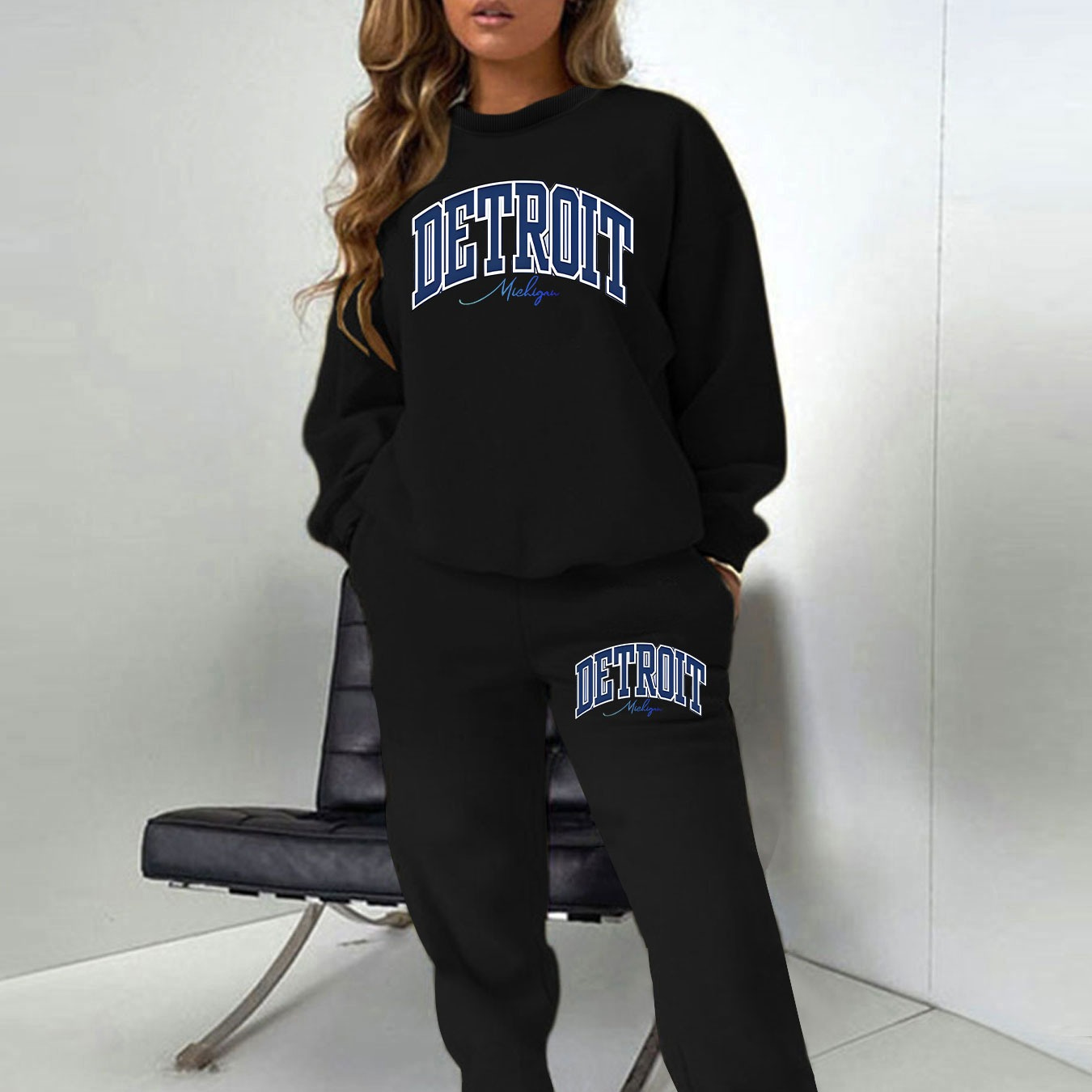 

Women's Cozy Fleece-lined Letter Print Sweatshirt & Joggers Set - Stretchy, Crew Neck, Long Sleeve Casual Outfit For Fall/winter