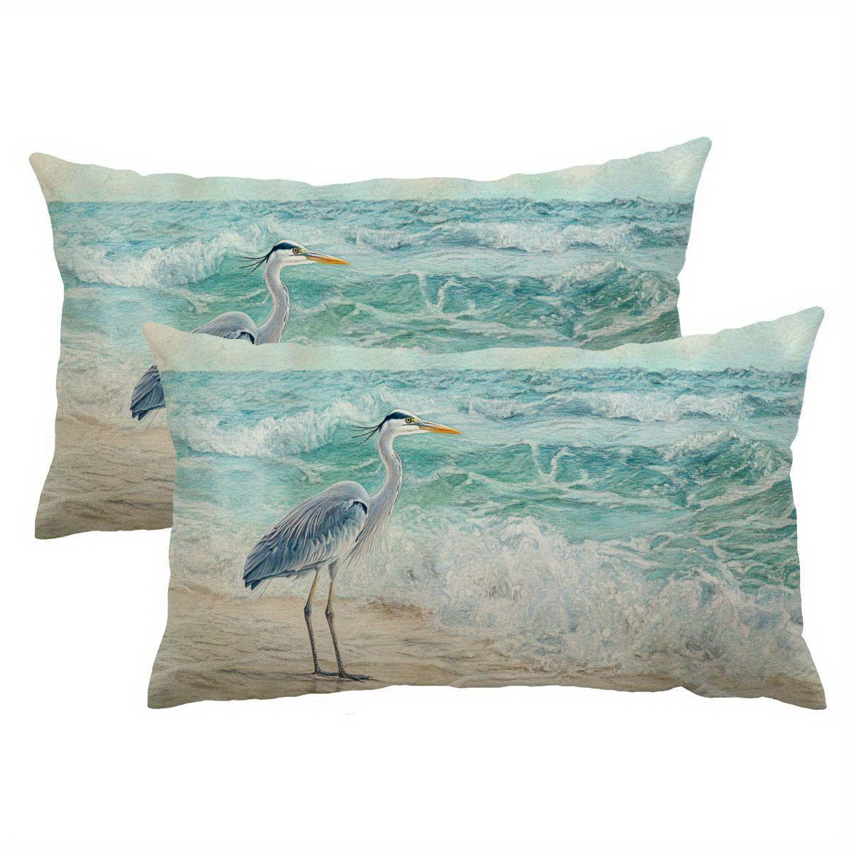 

2pcs Throw Pillow Covers - 12x20" Linen, Seaside Waves & Seabirds Design For Sofa And Home Decor