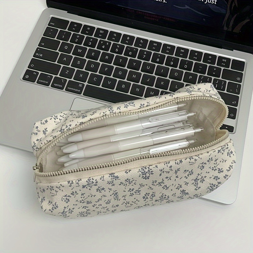 

Floral Canvas Pencil Case - Durable Multi-function Organizer Bag For Pens, Makeup, Stationery Accessories