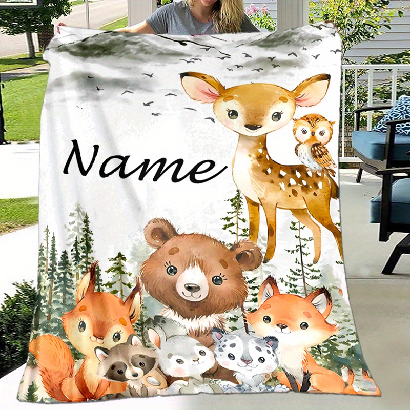 

Customizable Name Flannel Throw Blanket With Forest Animals Theme - Soft, Warm, Cozy Digital Print Polyester Knit Blanket For Napping, Camping, Travel - Ideal Gift For All Seasons