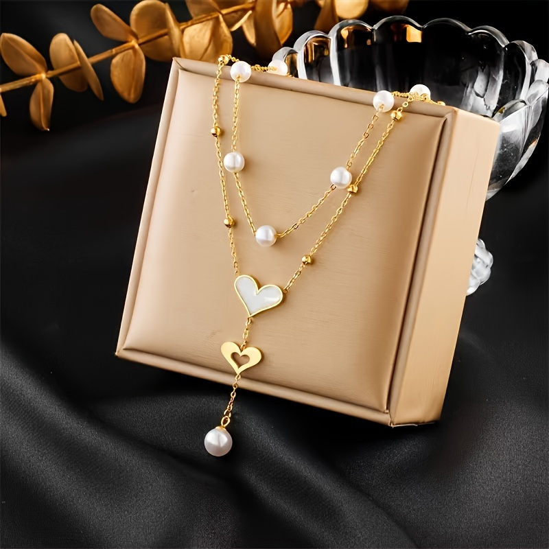 TEMU A Stainless Steel Jewelry 18k Gold-plated Pearls Double Layered Love Necklace Ins French Trend Gifts Daily Street Commuting Party To The Holiday Party To Wear.