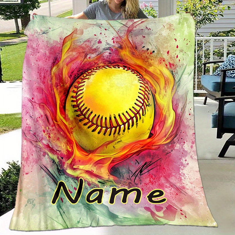 

Personalized Soft Flannel Throw Blanket With Custom Name - Vibrant Softball Design - Digital Print, Polyester, Cozy For All Seasons, Ideal Gift For Sports Fans, Perfect For Naps, Camping, And Travel