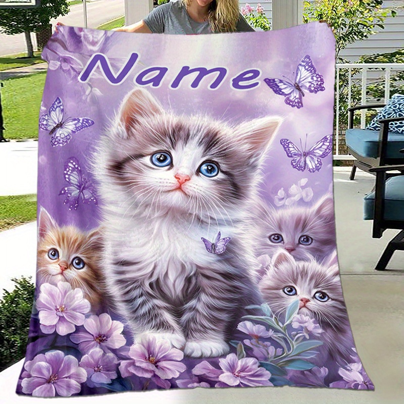 

Custom Name Kitten And Butterfly Blanket: Soft And Warm, Perfect For Naps, Camping, And Travel - Suitable For All Seasons