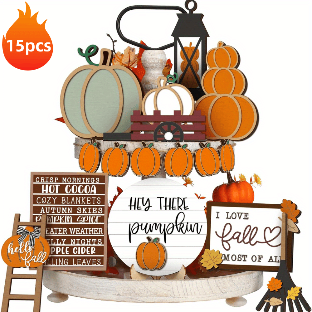 

15 Pieces, Autumn Tray Decoration, Thanksgiving Harvest Festival Wooden Layered Tray Decoration, Suitable For Interior Decoration, Home Decoration, Not Including Tray