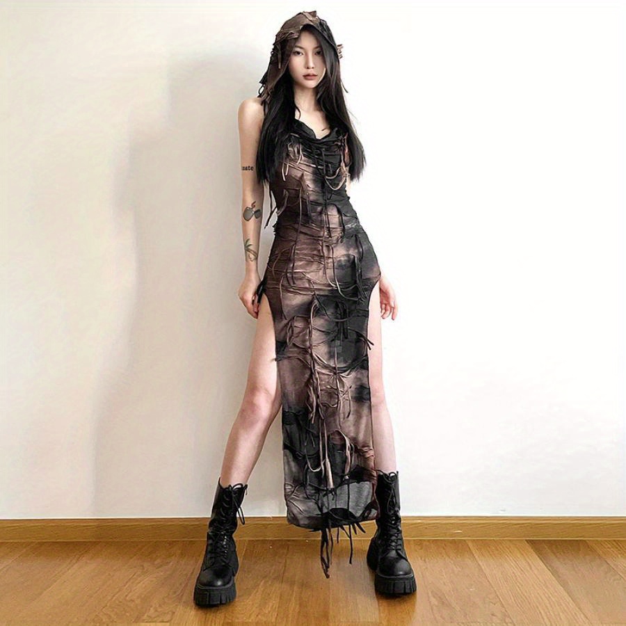 

Women's Bodycon Long Dress Vintage Sleeveless Tie Dye Print Side Split Dress Hooded Dress Costume