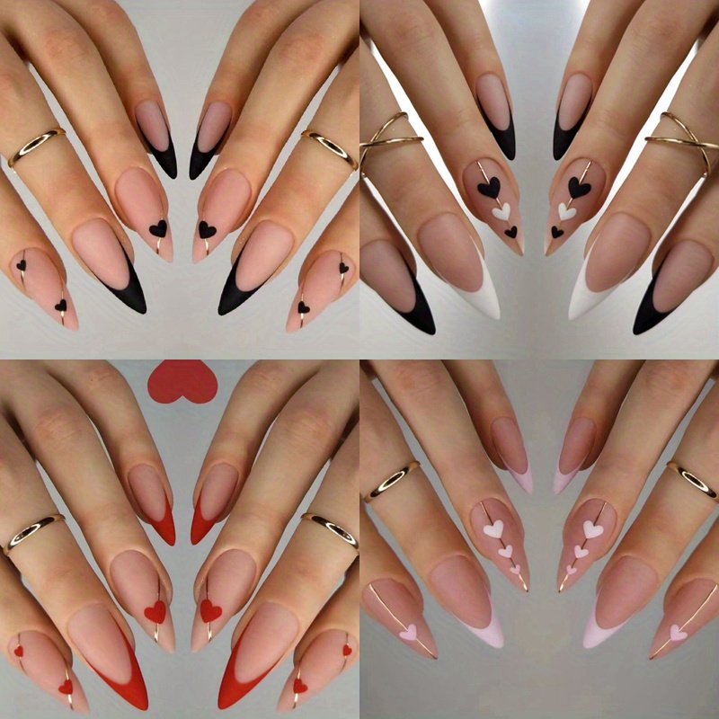 TEMU 4pcs ( 96pcs) Press On Nails Almond Shaped Short Medium Black And White Acrylic Fake Nails With Glue On Matte Full Cover Artificial Gel False
