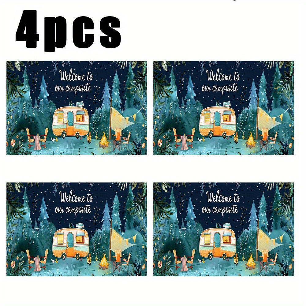 

4 Pcs Polyester Place Mats, Welcome To Our Design, And Machine Washable Camping-themed Table Mats For Events And Parties