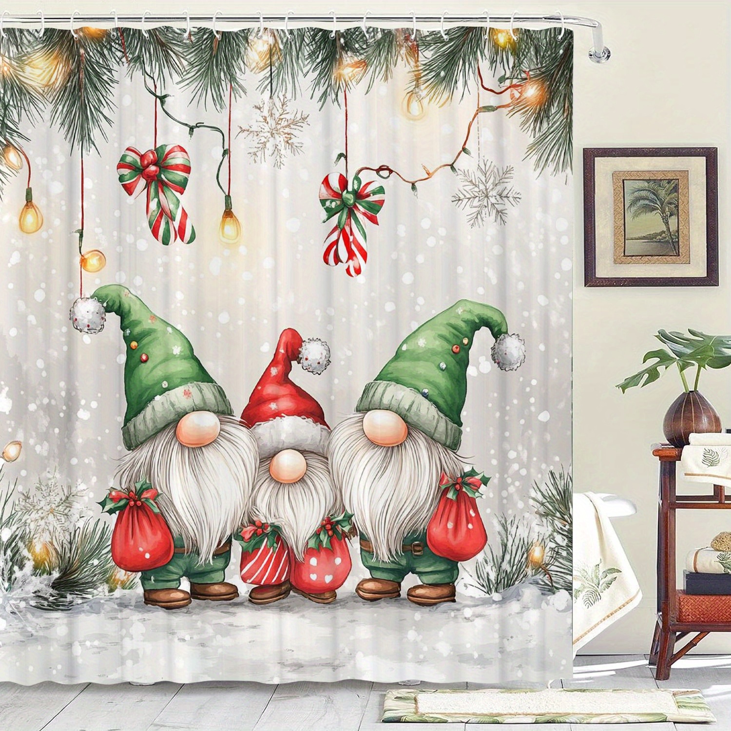 

Christmas Gnome-themed Shower Curtain Set With 12 Hooks, Water-resistant, Non-woven Fabric, Machine Washable, Graphic Arts Pattern, Includes Accessory Hook, For Home And Hotel Bathrooms