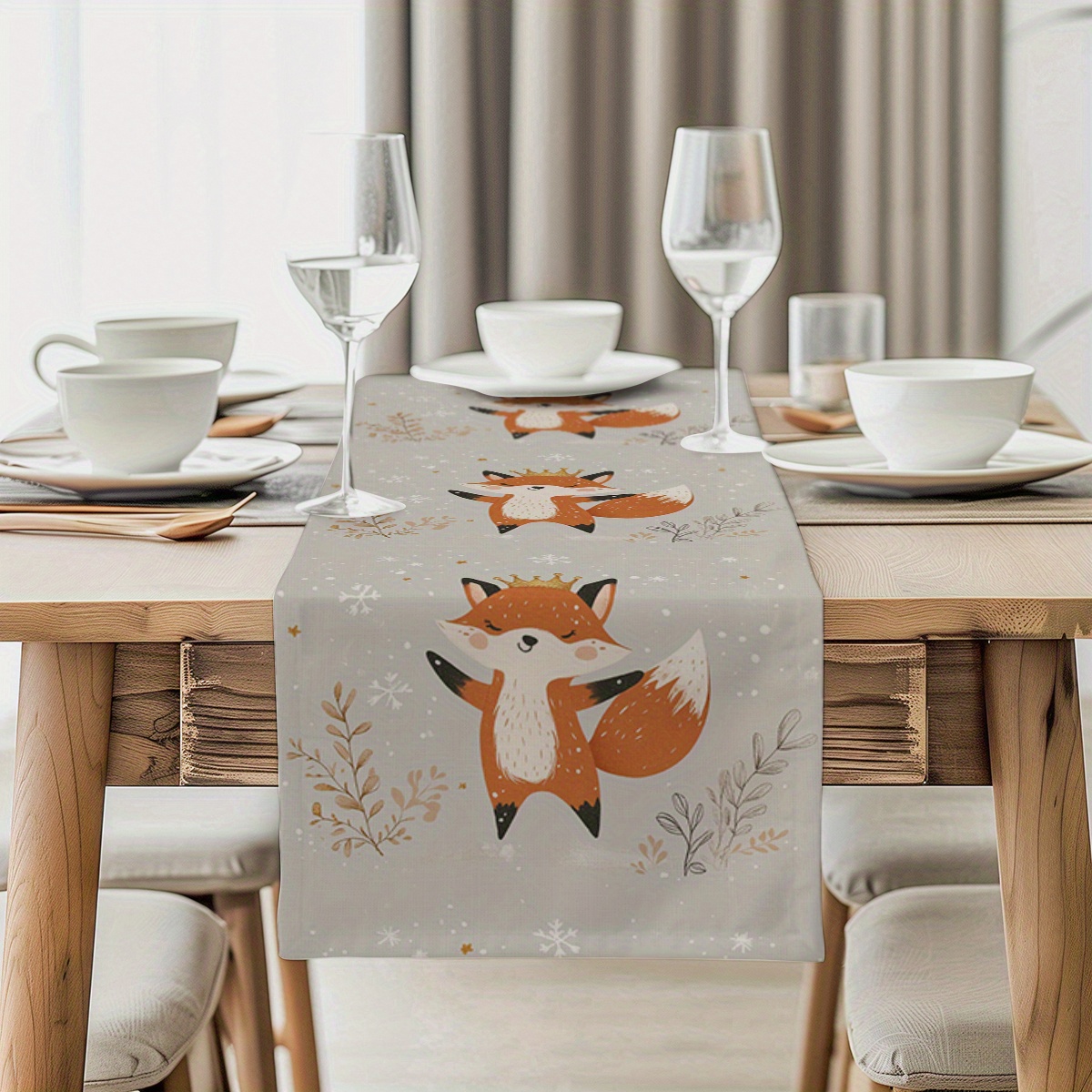 

Fox Cartoon Polyester Table Runner - Woven Rectangular Kitchen Dining Table Decor, 1pc, For Party And Home Room Decoration, Restaurant Tablecloth