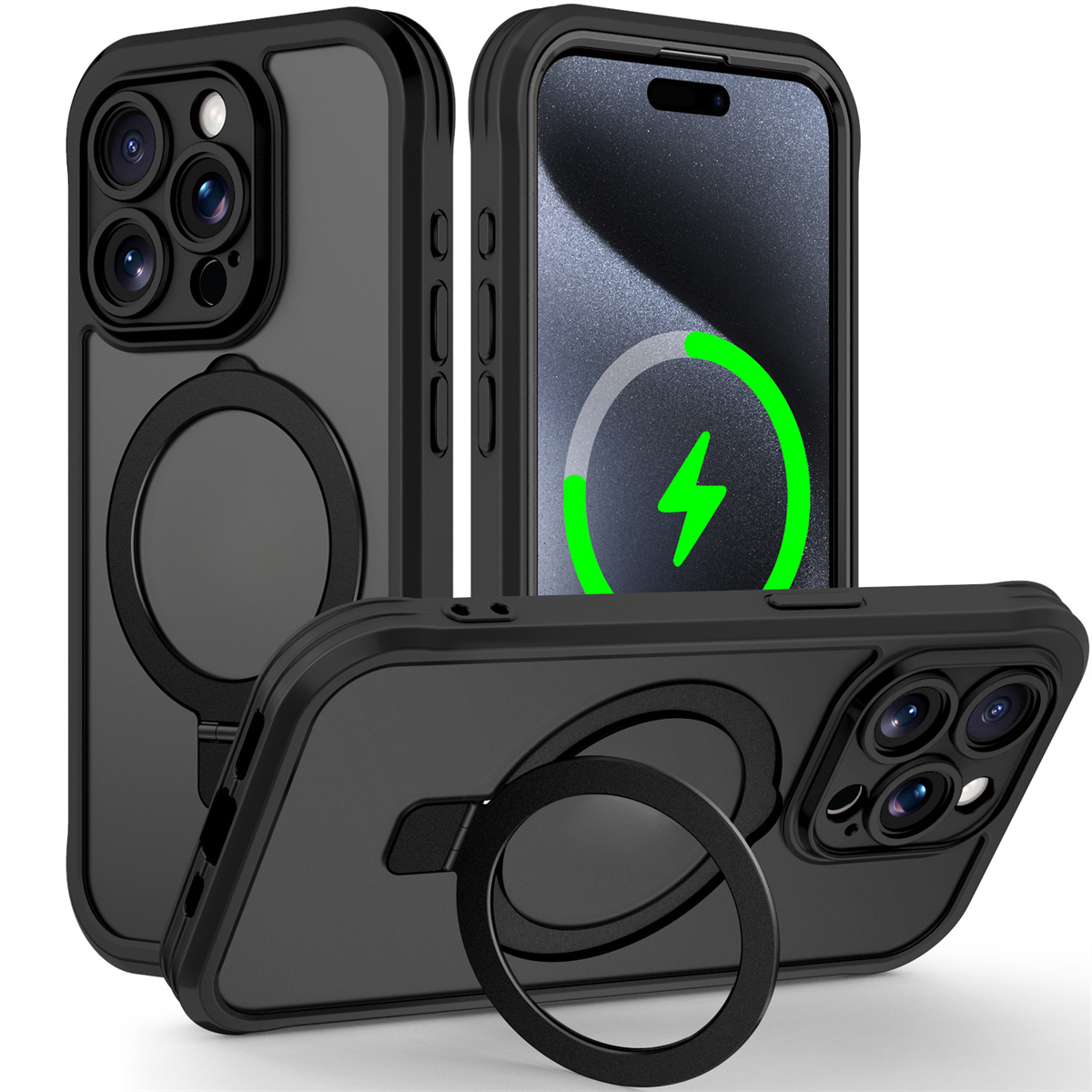 Case for Iphone 16/15/14/13 Pro Max 16Plus 15Plus 14 Plus, Featuring a Built-In PET Flexible Screen Protector And a Ring Holder Kickstand, Offering a Full-Body Dual-Layer Rugged Shockproof Protective Cover.