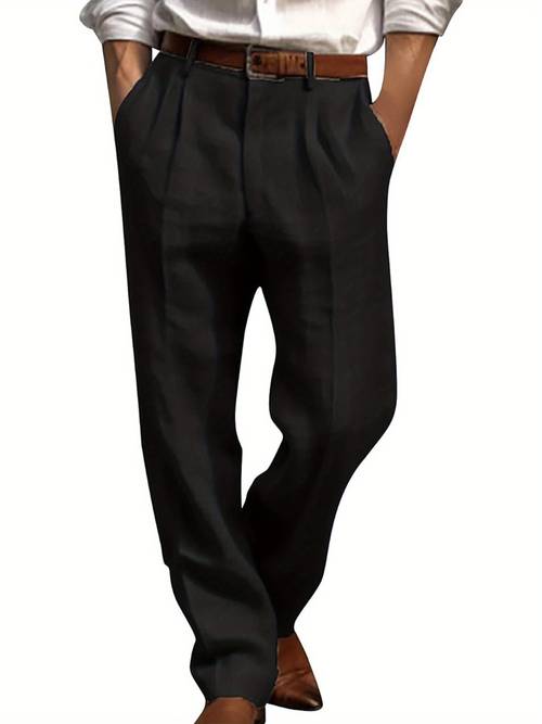 mens linen pants solid color pleated waist straight leg casual trousers with pockets for