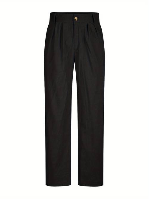 mens linen pants solid color pleated waist straight leg casual trousers with pockets for