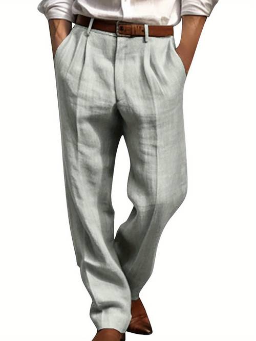mens linen pants solid color pleated waist straight leg casual trousers with pockets for
