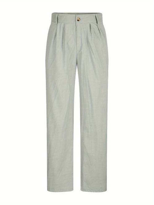 mens linen pants solid color pleated waist straight leg casual trousers with pockets for