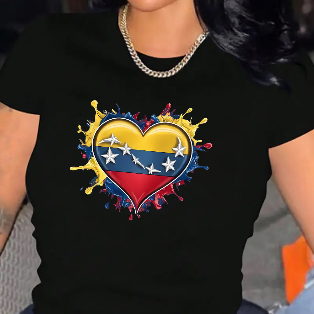 

I Love Venezuela" Women's Casual Sports Tee - Comfy Polyester Blend, Crew Neck, Short Sleeve With Fun Cartoon Letter Print - Perfect For Summer