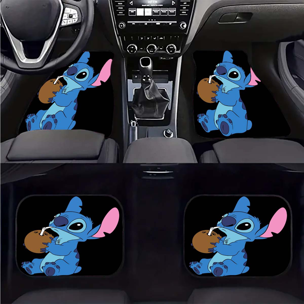 

Stitch Drinking Coconut Car Floor Mats - Universal Fit, X 14.8 Inches, 44 X 17.3 Inches, 66 X 28.6 Inches, 43.7 X 17.2 Inches, Polyester Material