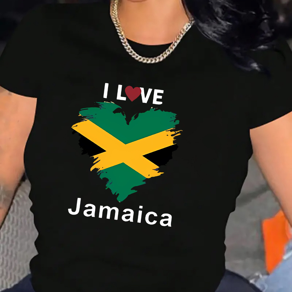 

I Love Jamaica Women's Casual T-shirt Polyester Blend, Knit Fabric With Spandex, Crew Neck, Short Sleeve With Jamaican Flag Print For All Seasons