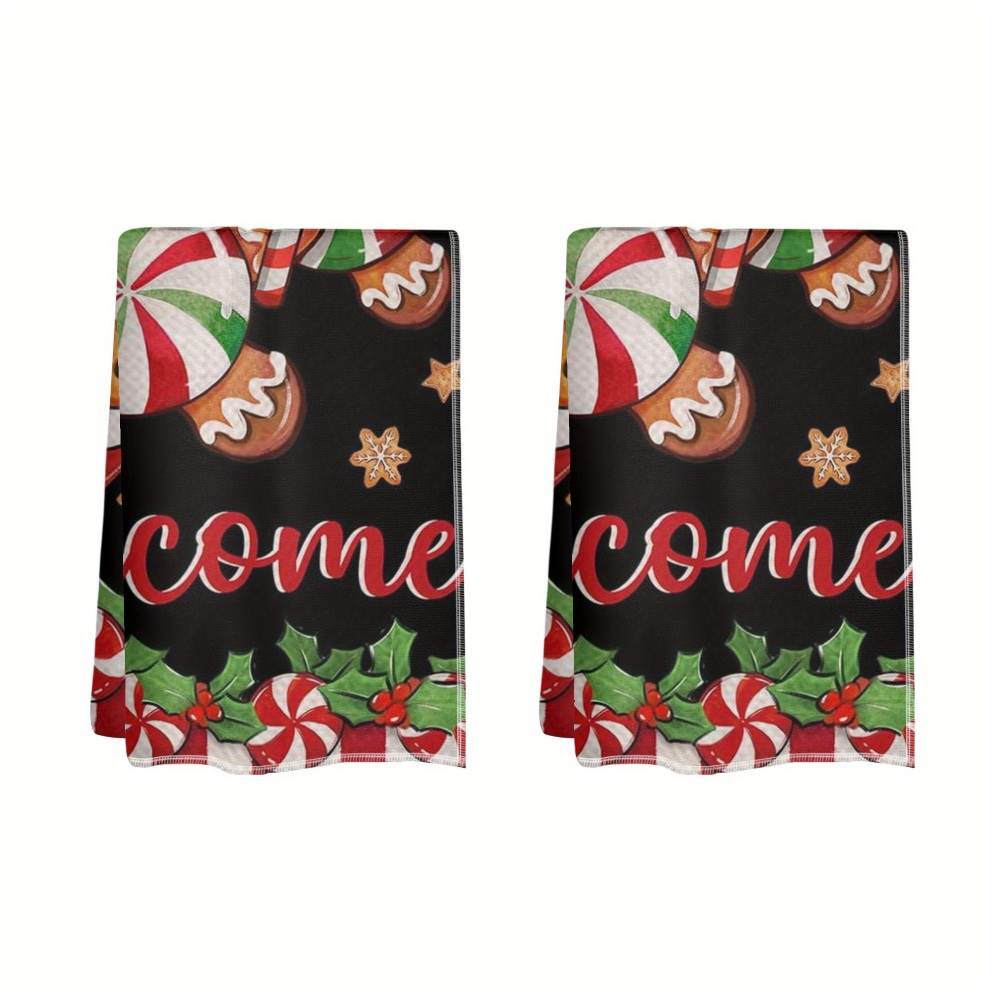 

2-pack 18x26in Polyester Dish Towels, Cartoon Gingerbread & Candy Pattern, Absorbent Quick-dry Reusable Cleaning Cloths, Lightweight Hand-wash Only, Rustic Style, Kitchen & Restaurant Decor Towels