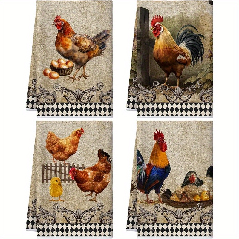 

Set Of 4 Modern Woven Polyester Blend Kitchen Towels, Super Soft, Machine Washable, Rooster & Hen Farmhouse Vintage Style, Rustic Tea Towels For Home And Christmas, Oblong Dish Cloths 18x26 Inch