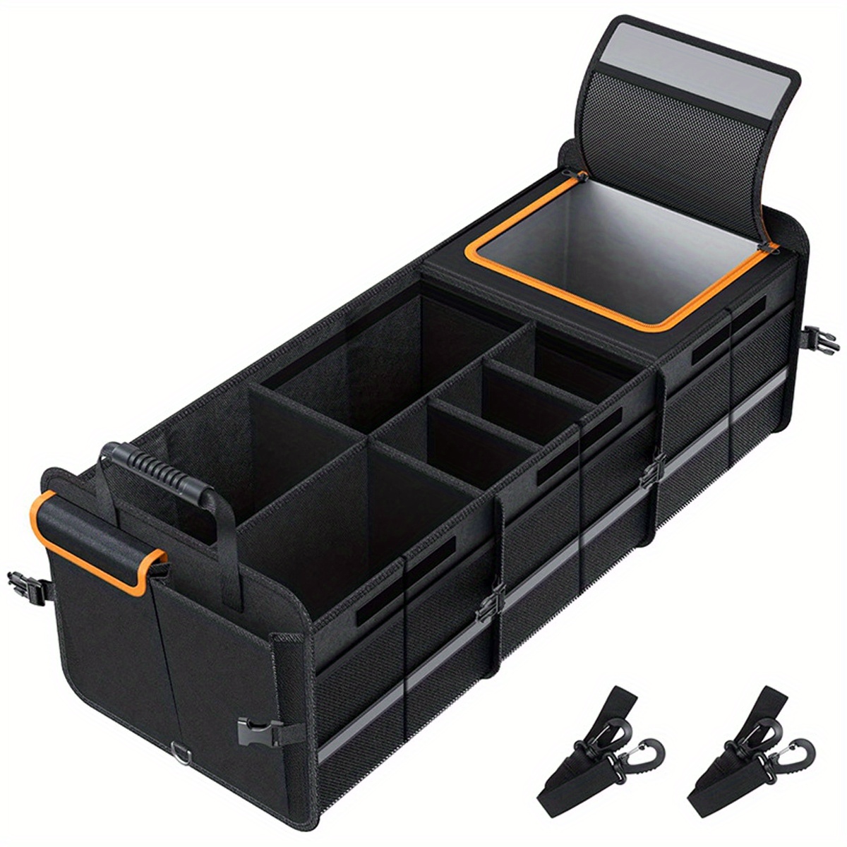 

Large Capacity Car Trunk Organizer With Insulated Cooler Compartment, Portable Storage Box For Vehicles, Black Fabric Design With Orange Accents, Multiple Compartments For Easy Organization