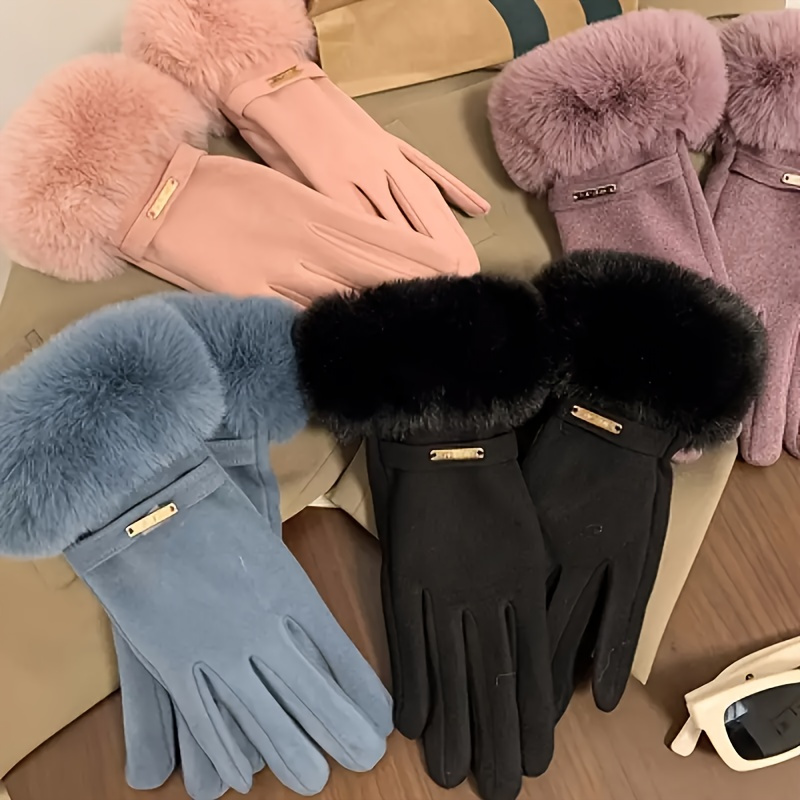 

Women's Winter Thickened Warm Touchscreen Gloves With Faux Fur Cuff, Knit Polyester Driving Cycling Gloves - Hand Wash Only