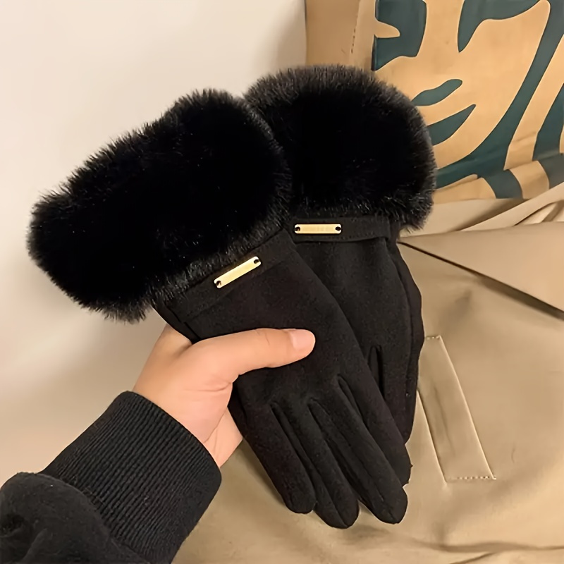 TEMU Women's Winter Thickened Warm Touchscreen Gloves With Faux Fur Cuff, Knit Polyester Driving Cycling Windproof Gloves - Hand Wash Only