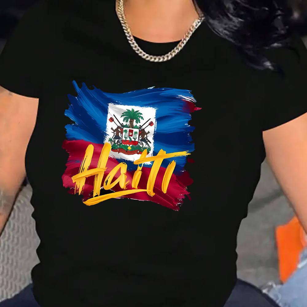 

Haiti Flag Letter Print Women's Casual T-shirt - Knit Polyester Blend, Crew Neck, Short Sleeve, Stretch Fabric, Season Versatile Top