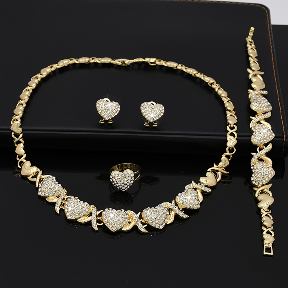 TEMU 4pcs Elegant African-inspired Jewelry Set - Luxurious Golden- Necklace, Heart-shaped Ring, Bracelet & Stud Earrings With Crystal Accents - Ideal For Weddings, Day & , Vintage Jewelry