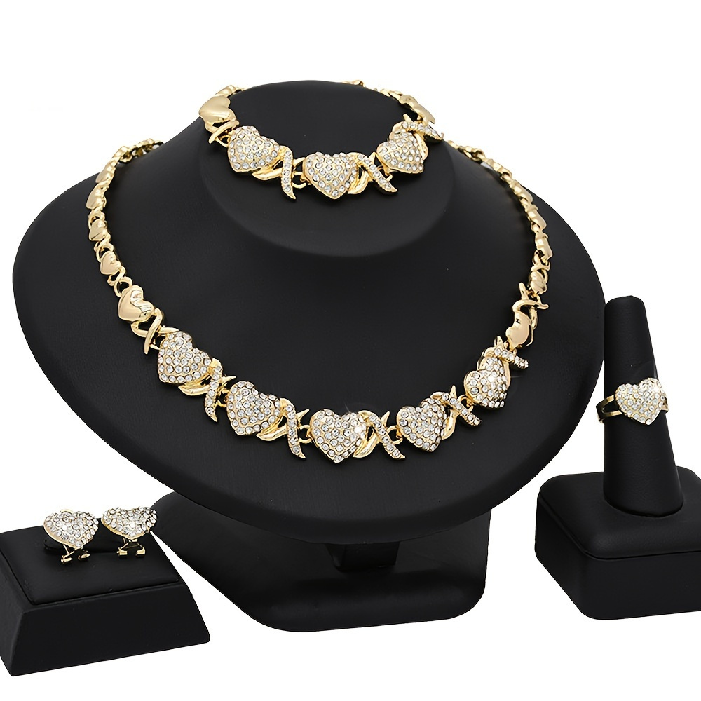 

4pcs Luxury African-inspired Xoxo Jewelry Set - Exquisite Necklace, Promise Rings, Bracelets, And Stud Earrings For Women, Lady, Girlfriend, Mother's Day Gift, Wedding Party Joyas, And Everyday Wear