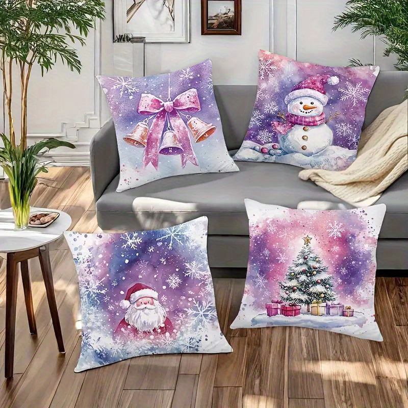 

Vintage Christmas Watercolor Throw Pillow Covers 4-piece Set, Santa Claus & Snowman Design, Zipper Closure, Machine Washable Knit Fabric Polyester, Decorative Cushion Cases For Room Decor - 18" X 18