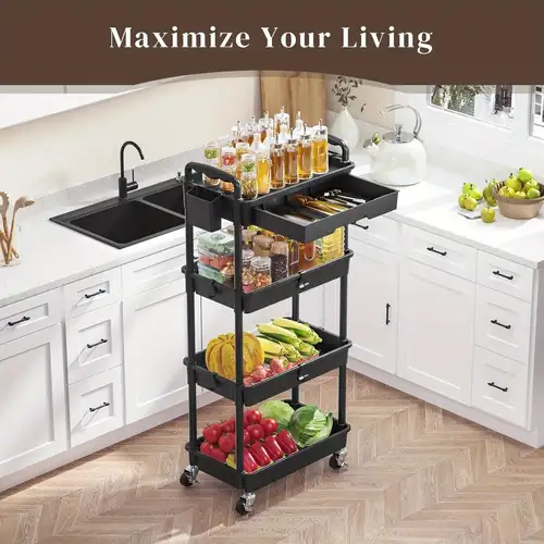 Mobile Food Storage Racks Mobile Kitchen Organizer 4-Tier Rolling Metal Storage Rack With Baskets ...