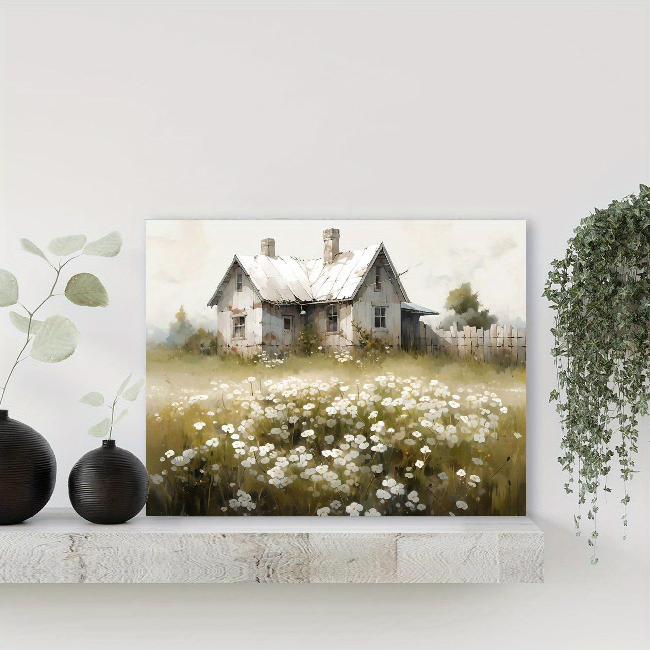 木製フレームキャンバス絵画：春の花ファームハウス風景壁アートリビン