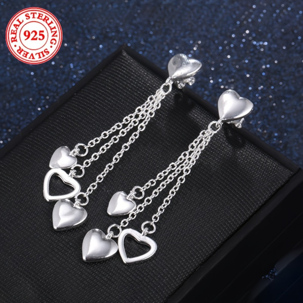 

925 Sterling Silver Tassel Heart Dangle Earrings, Elegant Long Chain Drop Style, Luxurious Fashion For Women