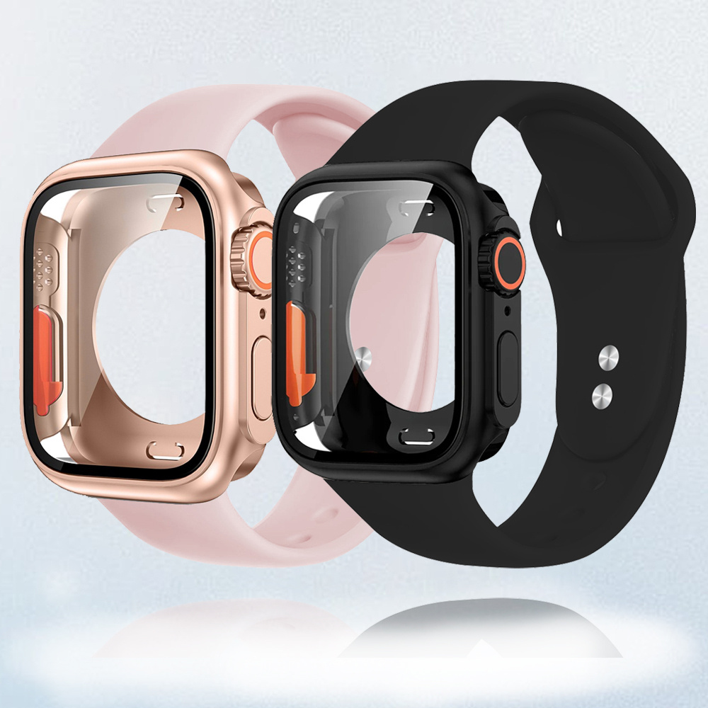 2pcs silicone bands case for iwatch series se   6 5   1 non slip breathable sports straps with ultra tempered glass cover scratch resistant fits 38mm to 49mm 0