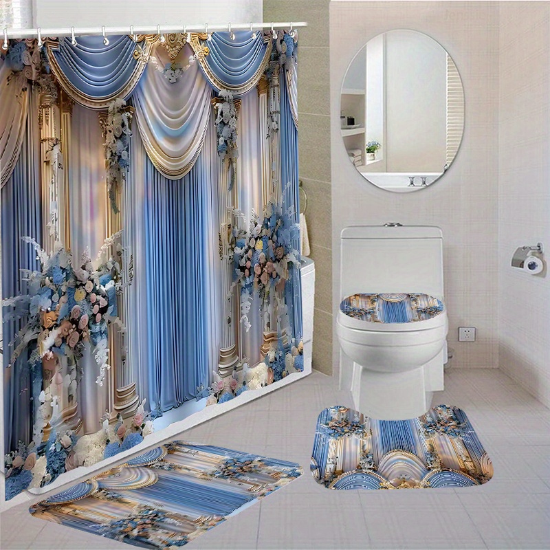 

1pc/4pcs Waterproof Bathroom Shower Curtain Set With 12 Hooks Toilet Seat Bath Mats And Rugs Non-slip Carpet Toilet Covers Polyester Fabric Washable Curtain Bathroom Accessories (open Jit)