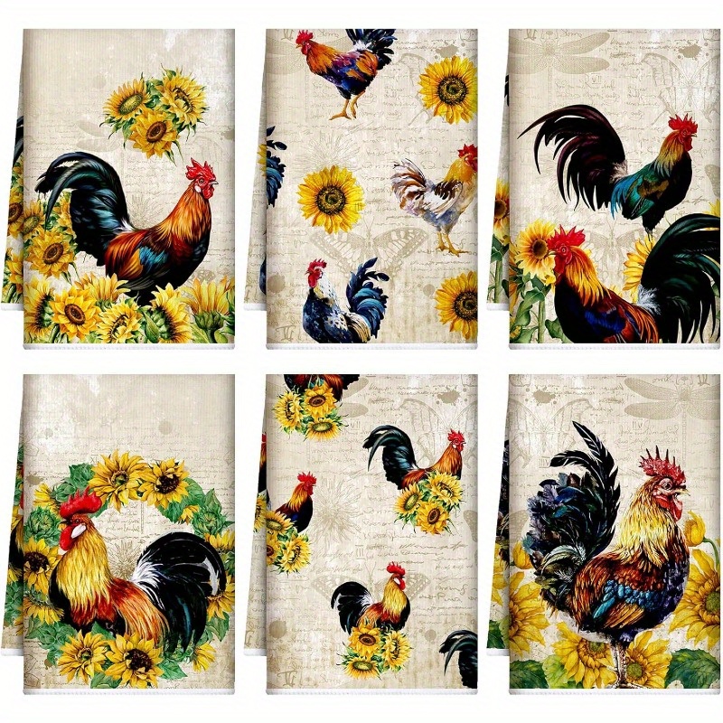 

6-piece Rooster Kitchen Towels Set, Farmhouse Vintage Dish Cloths, Soft Polyester Blend Hand Towels, Woven Tea Towels For Cooking Baking, Modern Cartoon Style Housewarming Gift, 18x26 Inches