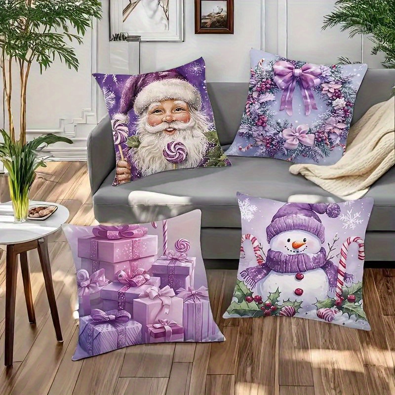 

Festive 4pcs Christmas Throw Pillow Covers Set - Vintage Santa & Snowman Design, Purple 18x18 Inches - Sofa, Bedroom, And Home Decor (inserts Not Included)