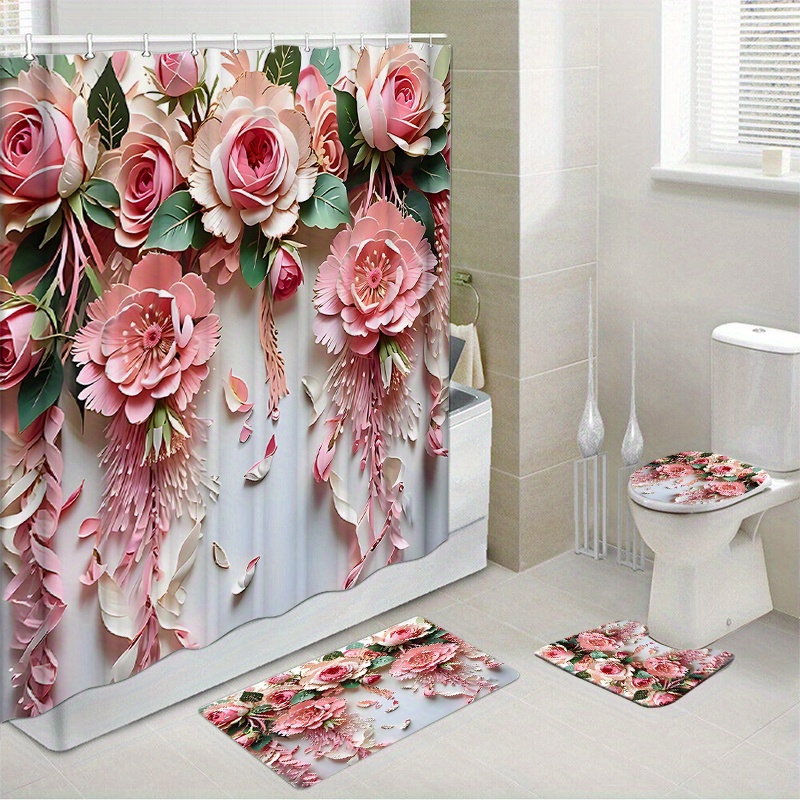 

1pc/4pcs Waterproof Shower Curtain Set With 12 Hooks And Bath Mats Toilet Covers Seat For Bathroom Non-slip Rug Carpet Polyester Fabric Curtain Bathroom Accessories Home Decor (open Jit)