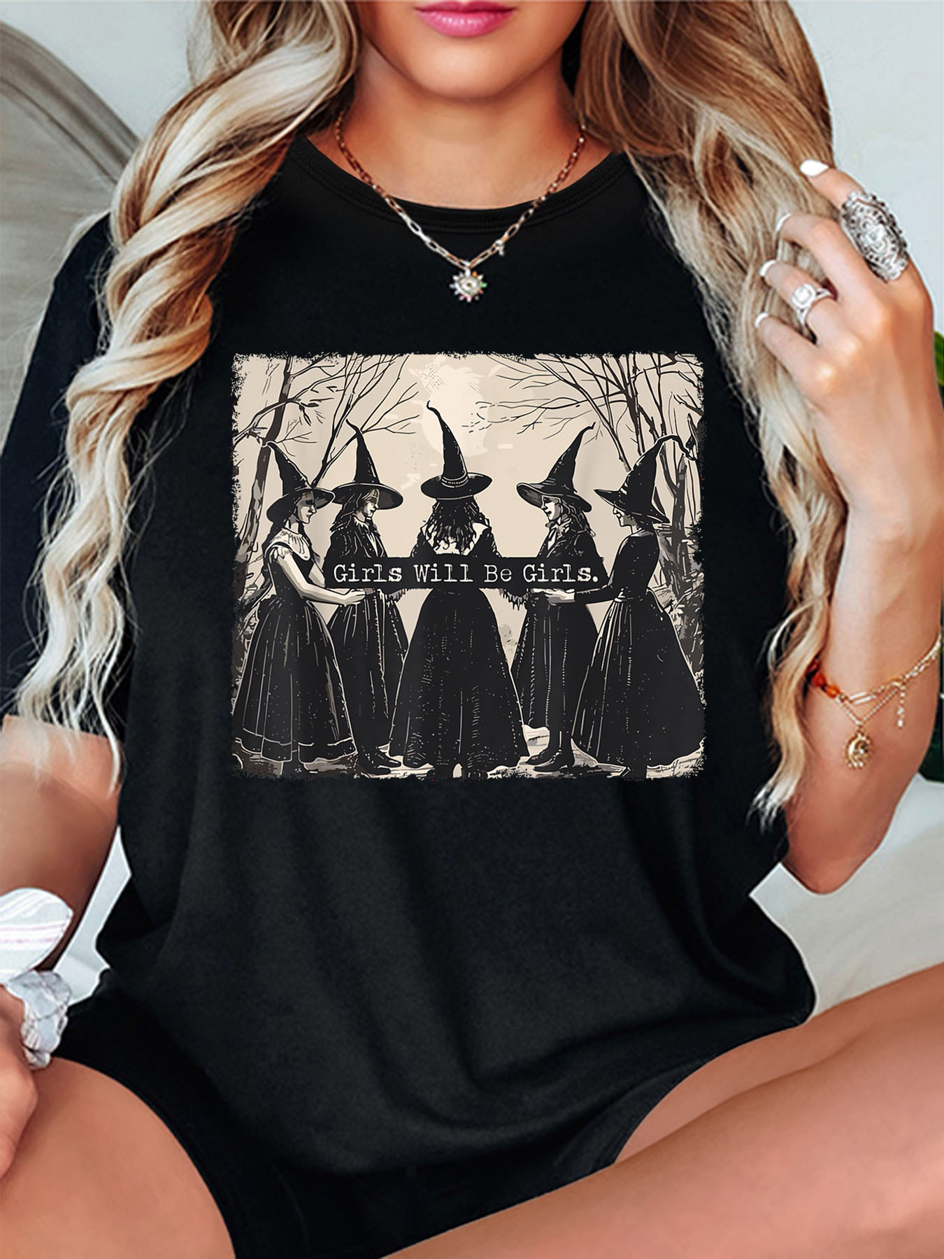 GIRLS WILL BE GIRLS, Witch in the Forest Print crew neck T-shirts, Spring & Summer short sleeve T-shirts, Athleisure everyday tops, women's wear