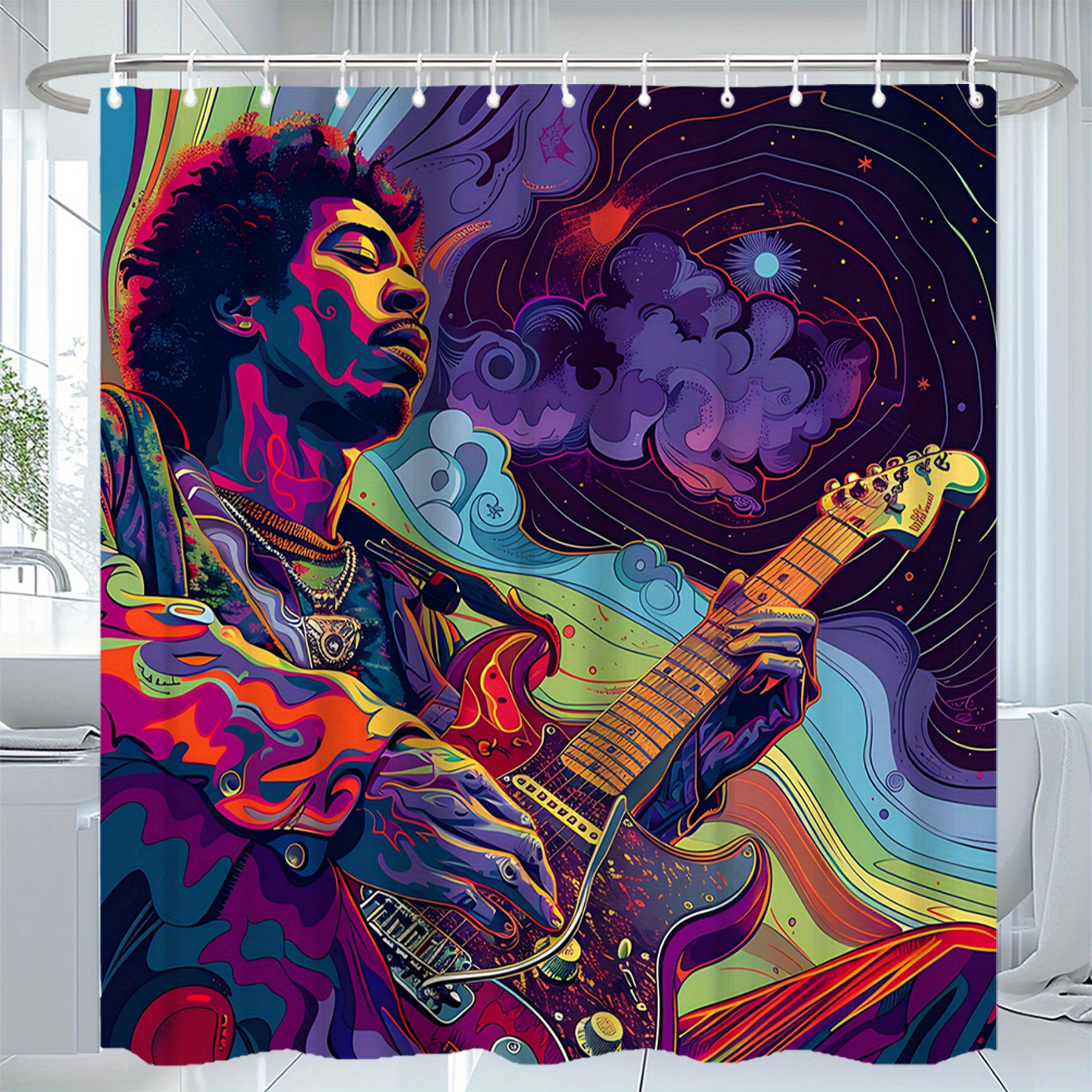 TEMU Rockin' Guitar Music Pattern Bathroom Set: 71" X 71" Shower Curtain, 3 Bath Mats, Toilet Seat Cover, And U-shaped Rug - Perfect For Music Lovers And Modern Bathroom Decor