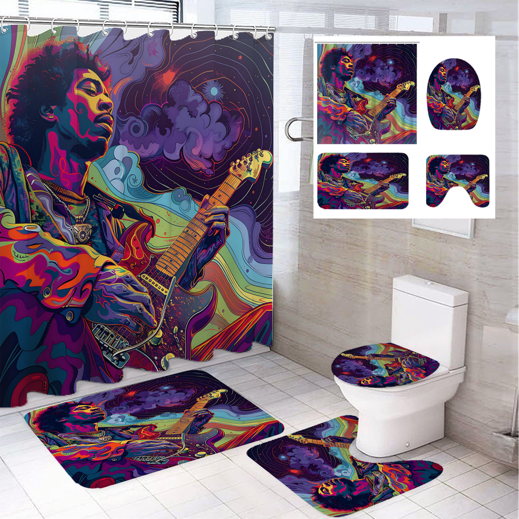 

Rockin' Guitar Music Pattern Bathroom Set: 71" X 71" Shower Curtain, 3 Bath Mats, Toilet Seat Cover, And U-shaped Rug - Perfect For Music Lovers And Modern Bathroom Decor