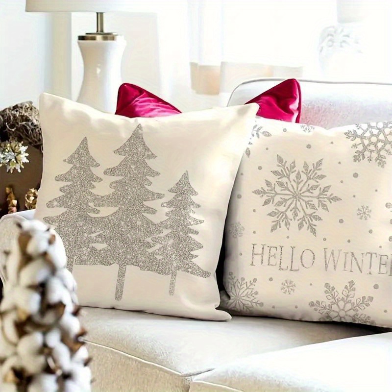 

Vintage Style Christmas Throw Pillow Covers Set Of 4 - Polyester Knit Fabric With Zipper Closure, Machine Washable, Featuring Snowflakes, Reindeer, And Trees For Various Room Decor