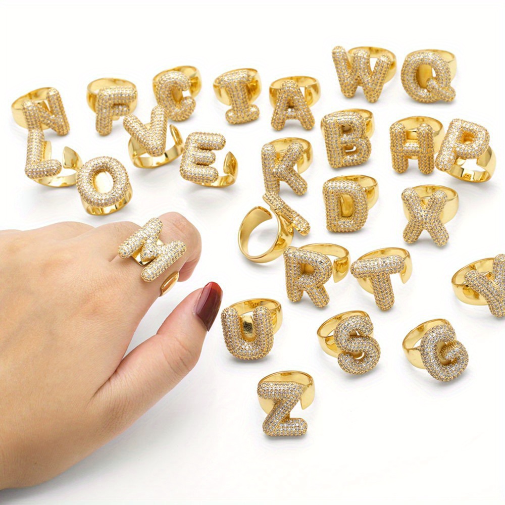 

1pcs 26 Letters Ring Women's Inlaid Zircon Gold-plated